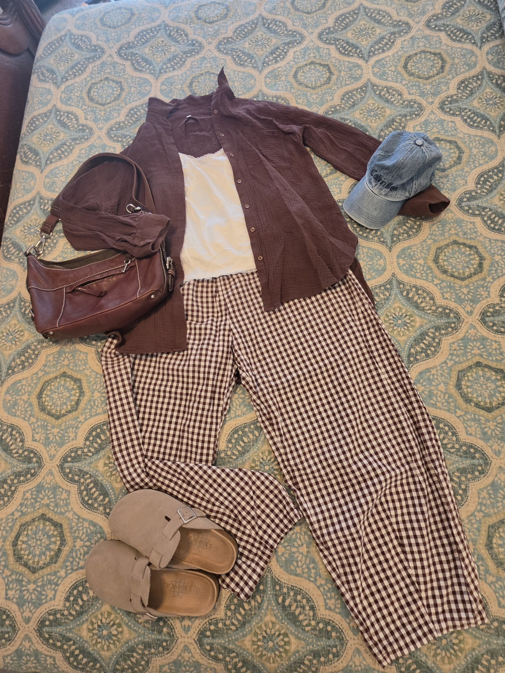 Lomon Brown Gingham Cotton Blend Barrel Leg Pants XL Earthy Boho Cottagecore